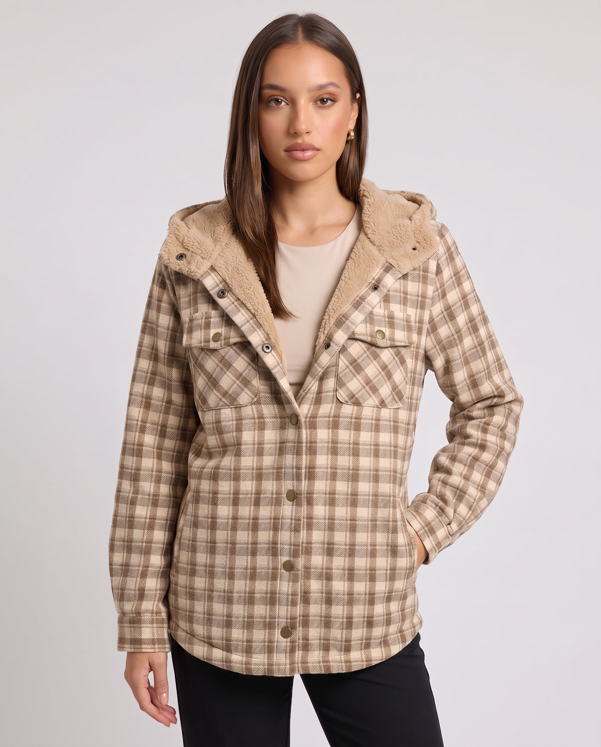 Oriel | Women's Hooded Plaid Jacket with Sherpa Trim