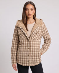 Oriel | Women's Hooded Plaid Jacket with Sherpa Trim