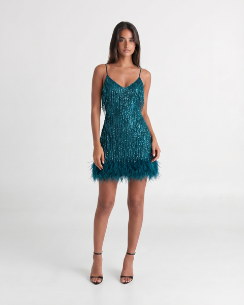 Jeena | Sequin Fringe Feather Mini Dress