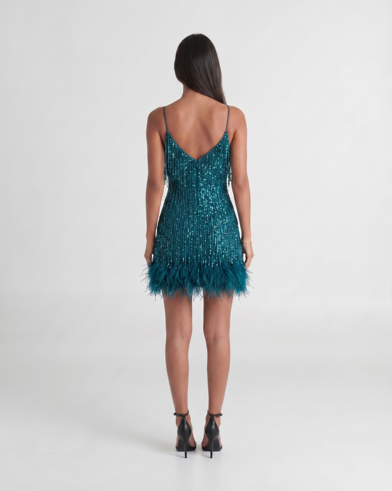 Jeena | Sequin Fringe Feather Mini Dress