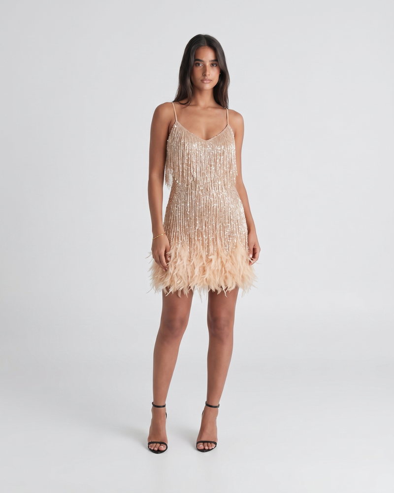 Jeena | Sequin Fringe Feather Mini Dress