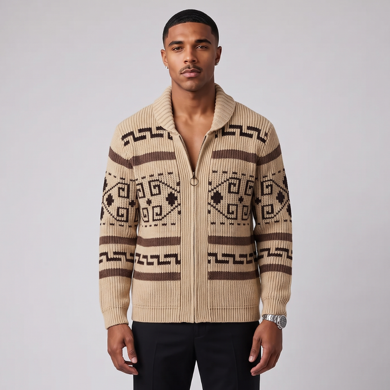 Marlon | Button Up Jacquard Knit Shawl Collar Cardigan