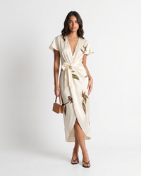 Mirea | V-Neck Leaf Print Midi Dress