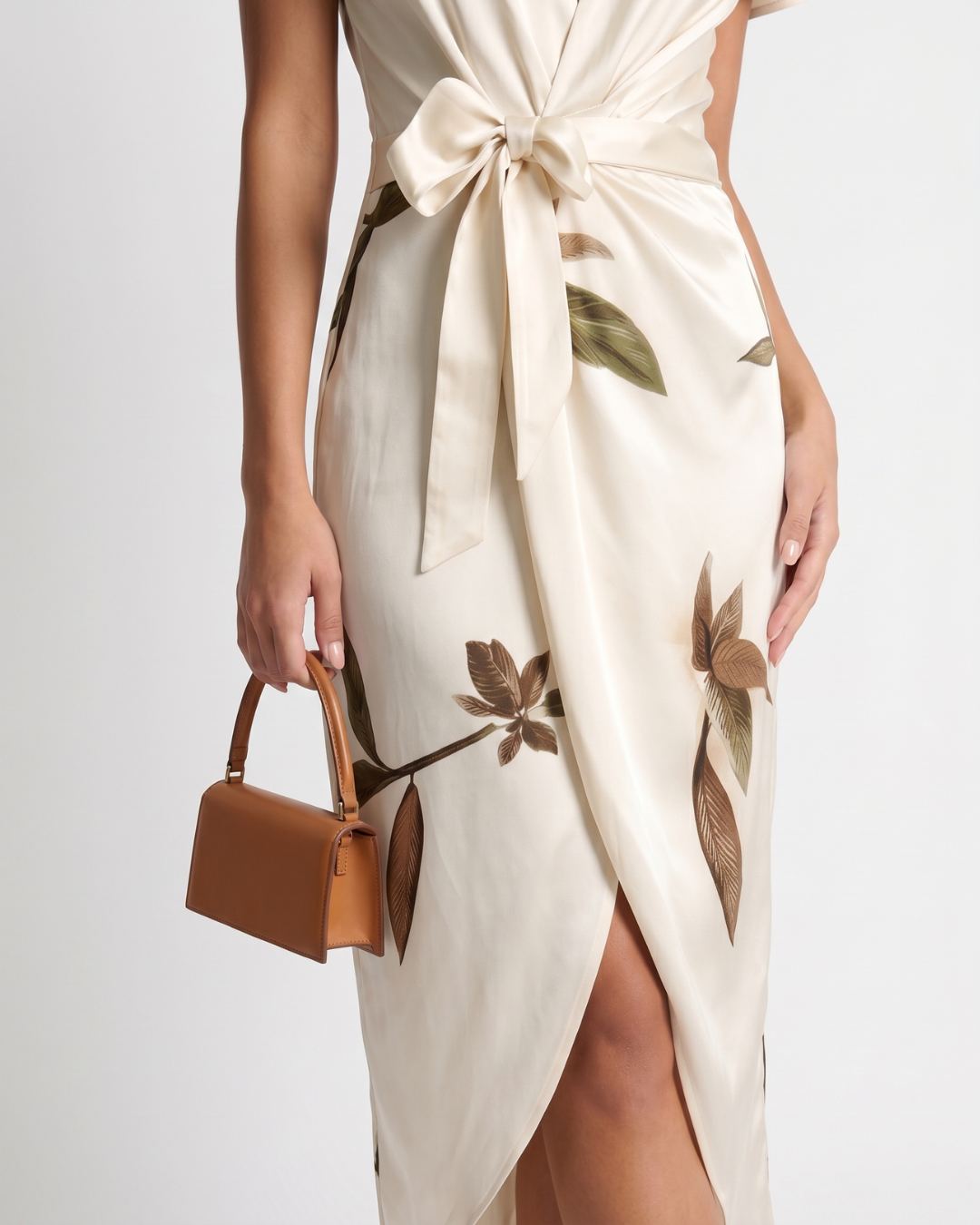 Mirea | V-Neck Leaf Print Midi Dress