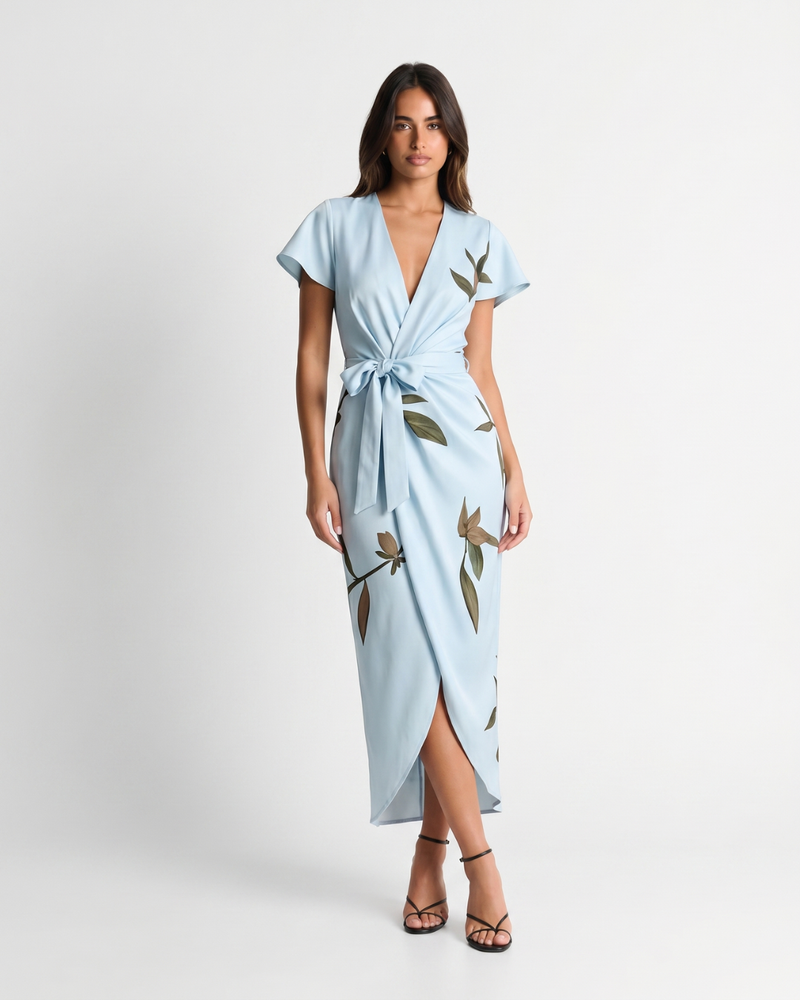 Mirea | V-Neck Leaf Print Midi Dress