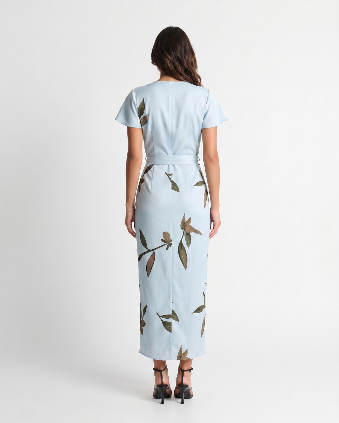 Mirea | V-Neck Leaf Print Midi Dress