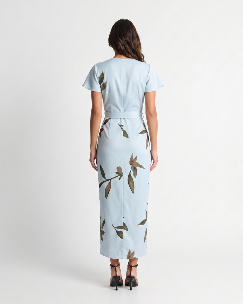 Mirea | V-Neck Leaf Print Midi Dress