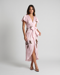 Mirea | V-Neck Leaf Print Midi Dress