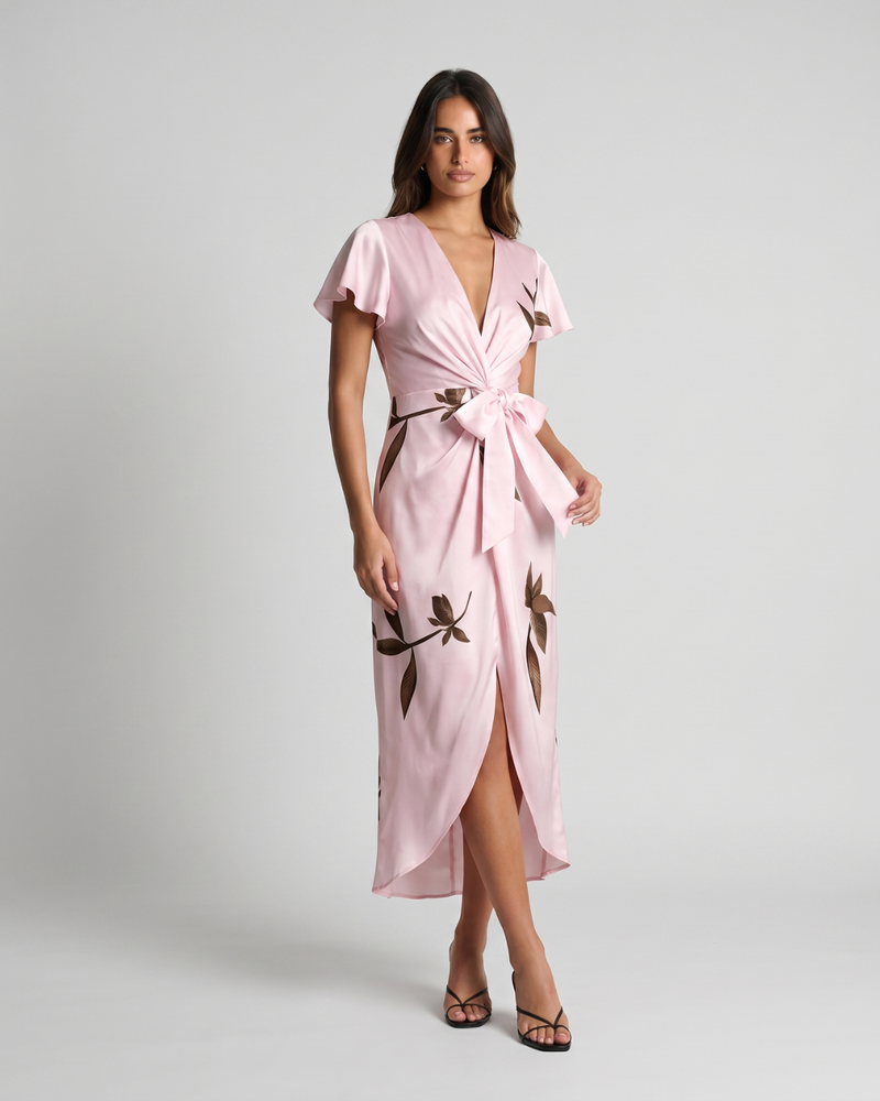 Mirea | V-Neck Leaf Print Midi Dress
