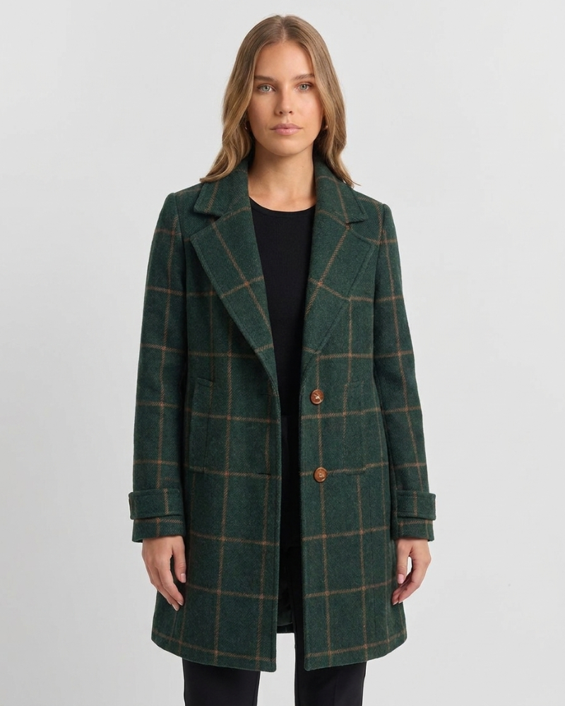 Ffion | Women's Plaid Wool Jacket Green Brown Button Front