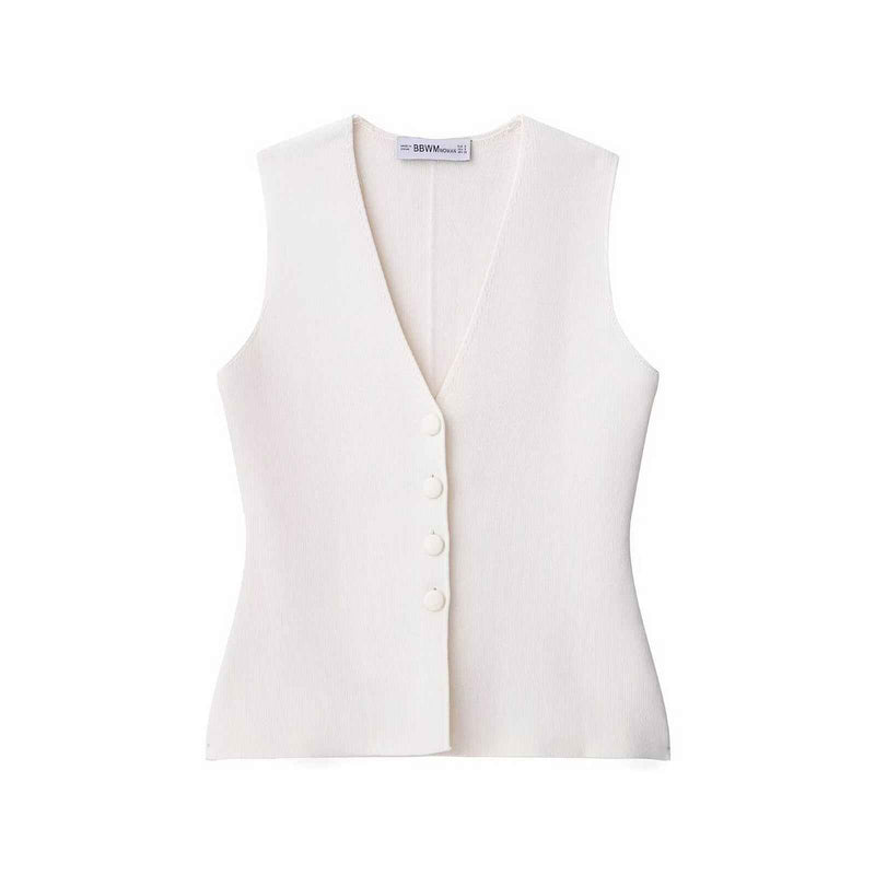 Remi | Elegant Knitted Vest Top White Sleeveless V Neck Ribbed