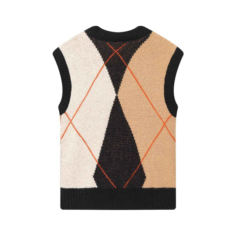 Mia | Knitted Vest Top Argyle Beige Black Sleeveless