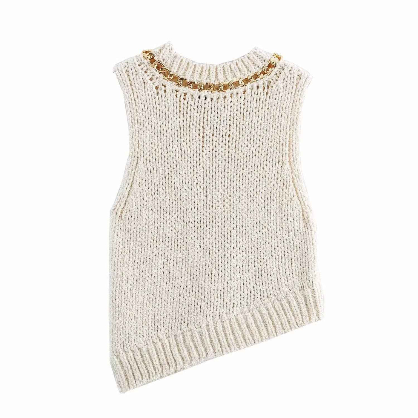 Nell | Knitted Vest Top Cream Sleeveless Chain Detail