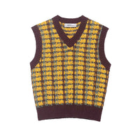 Sia | Knitted Vest Top Yellow Purple Sleeveless V Neck Check Pattern