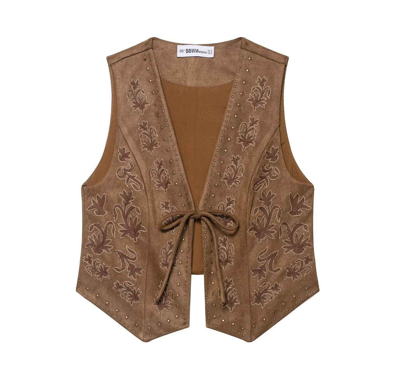 Fleur | Sleeveless Vest Top Brown Embroidered Tie Front V Neck