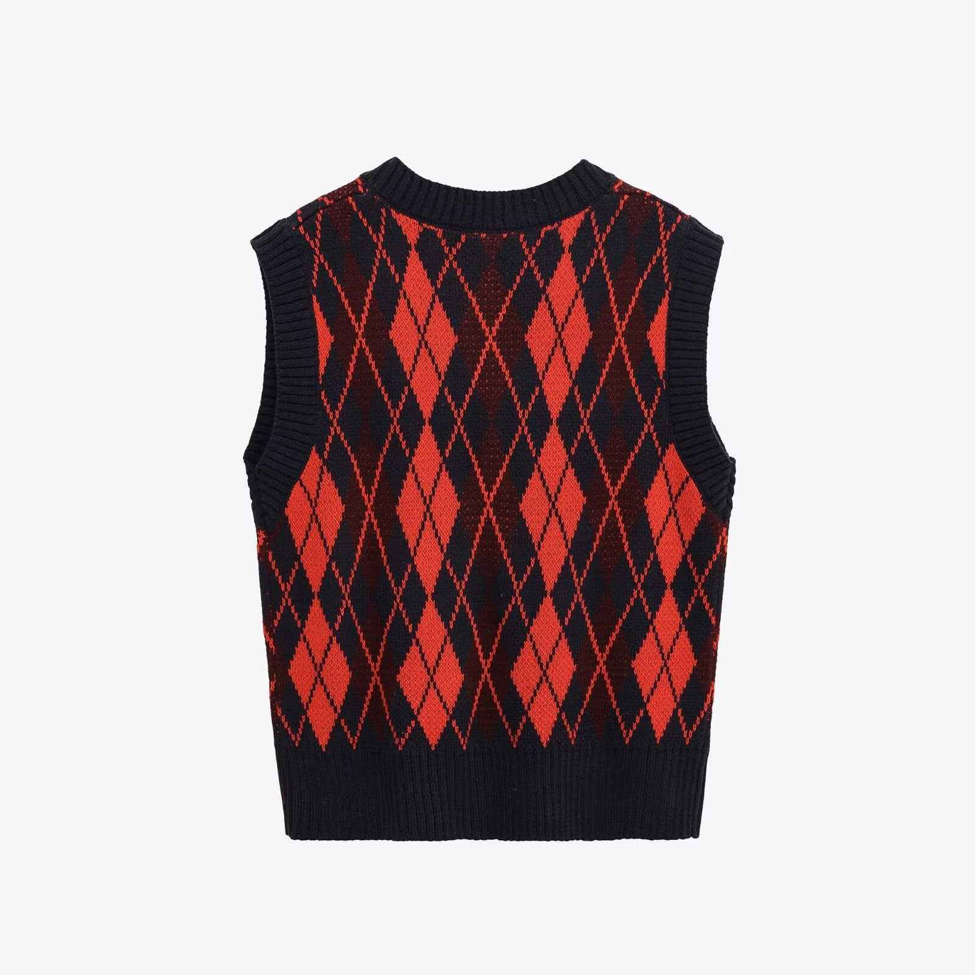 Sia | Knitted Vest Red Argyle Sleeveless V Neck