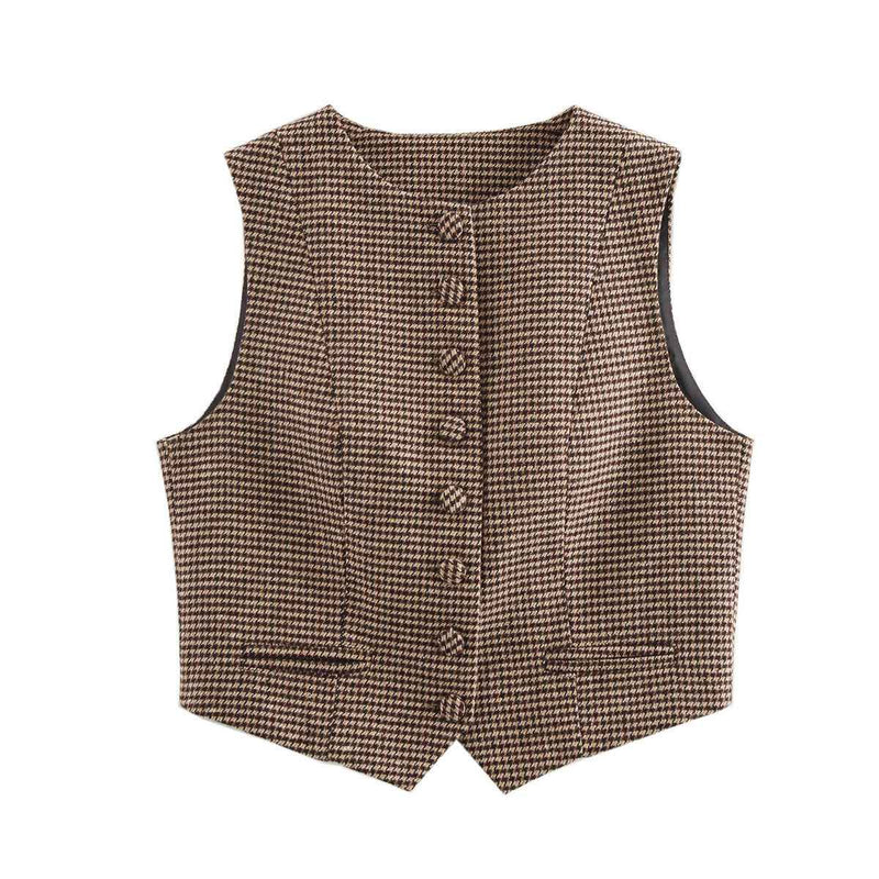 Sia | Smart Casual Check Blazer Brown Houndstooth Sleeveless Fitted
