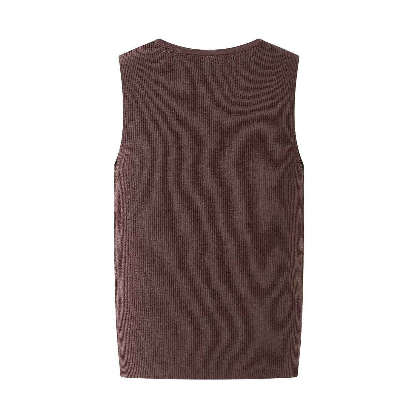 Opal | Sleeveless Cardigan Brown Ribbed Knitted Button Front Fitted