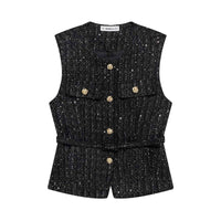 Gia | Elegant Tweed Sleeveless Blazer Black Belted Button Front
