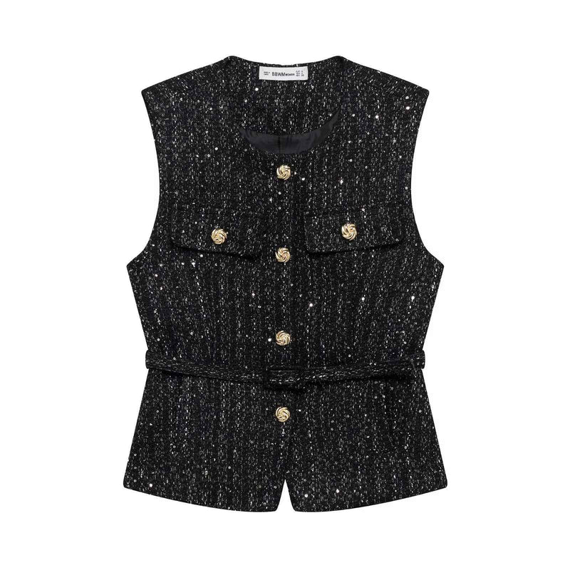 Gia | Elegant Tweed Sleeveless Blazer Black Belted Button Front