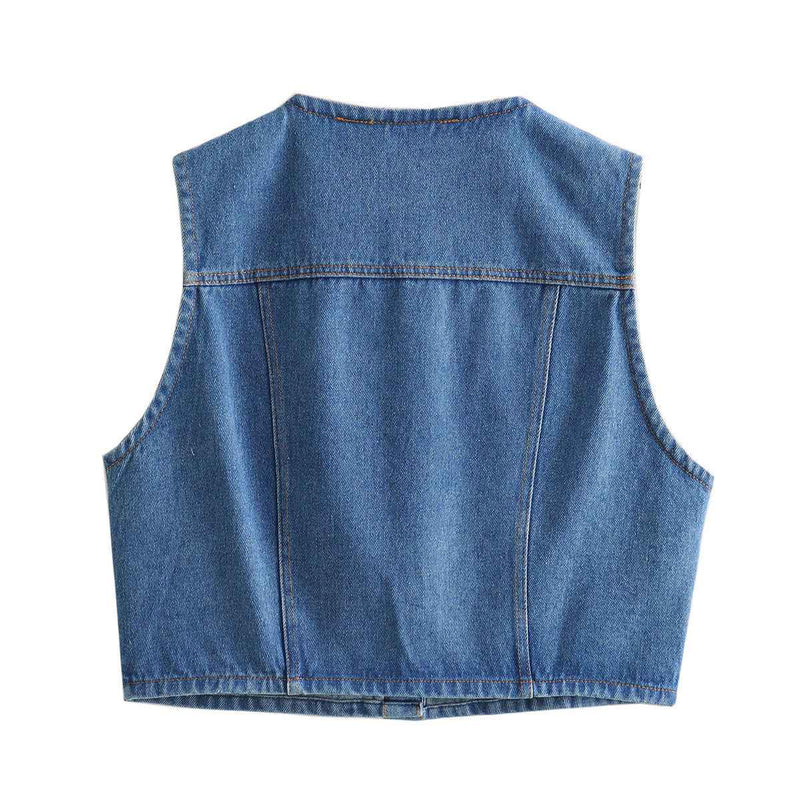 Sia | Cropped Vest Top Blue Denim Sleeveless Button Front Pockets