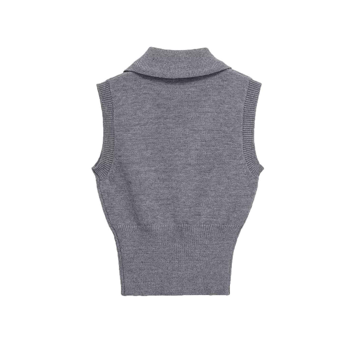 Alma | Knitted Top Grey Sleeveless Collared Crop