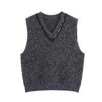 Lola | Knitted Vest Top Grey Sleeveless V Neck Rhinestone Trim
