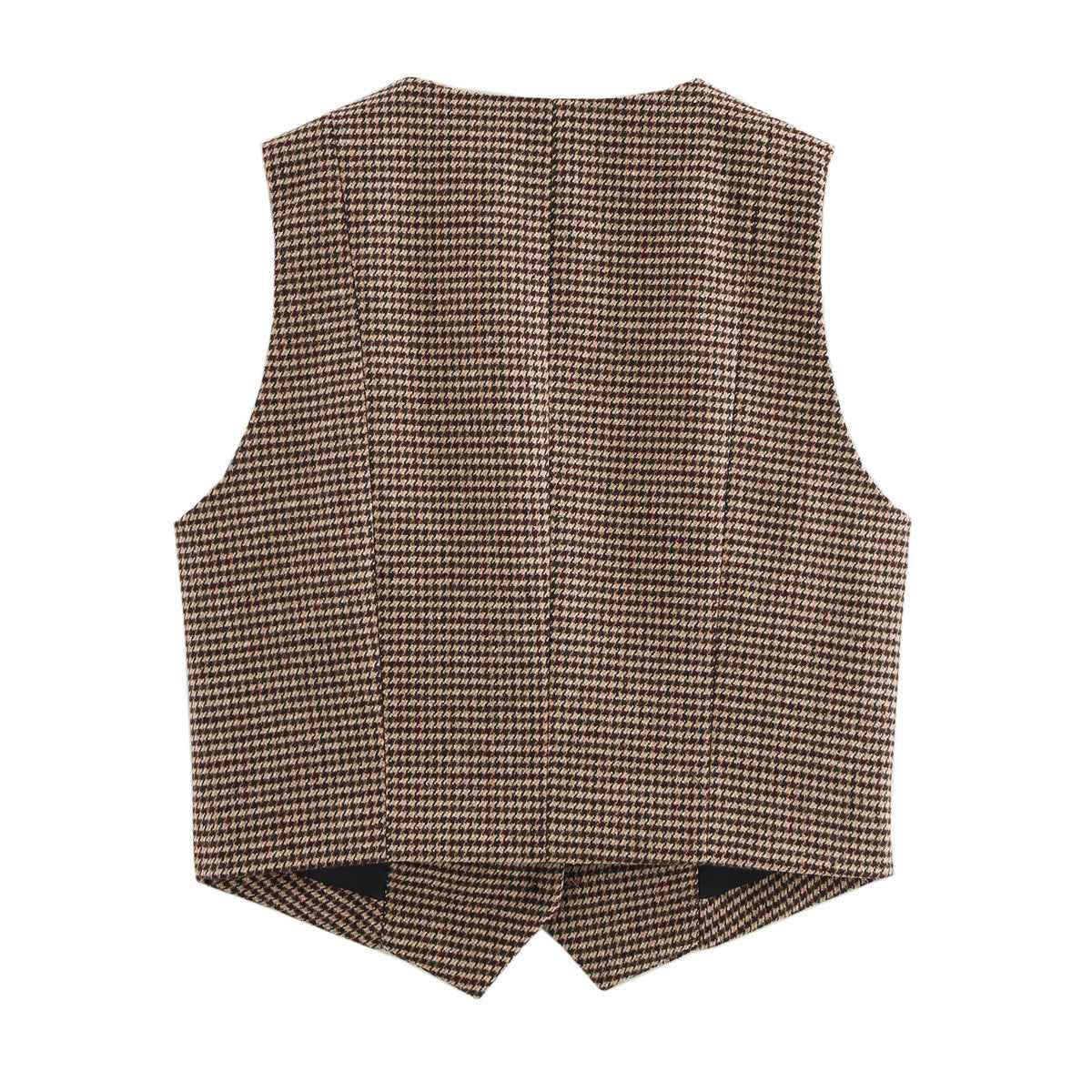 Sia | Smart Casual Check Blazer Brown Houndstooth Sleeveless Fitted
