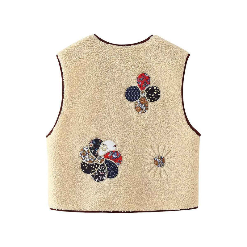 Sia | Sleeveless Borg Jacket Cream Patchwork Embroidered Toggle Front