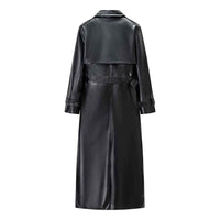 Cleo | Elegant Belted Leather Coat Black Long
