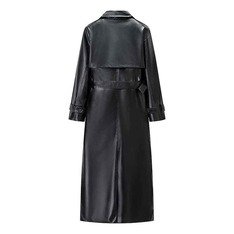 Cleo | Elegant Belted Leather Coat Black Long