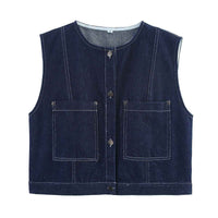 Ophelia | Sleeveless Denim Vest Navy Blue Button Front Utility Pockets