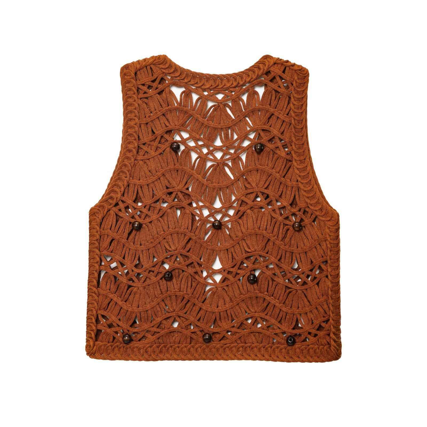Etta | Summer Crochet Vest Brown Sleeveless Beaded Cropped