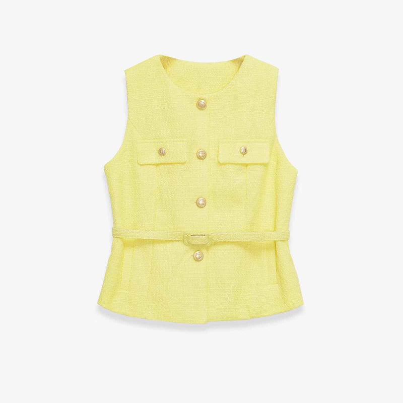 Gemma | Elegant Sleeveless Blazer Black Tweed Belted Gold Button