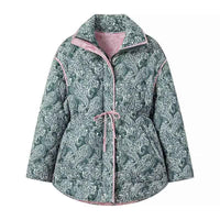 Rhea | Quilted Puffer Jacket Green Paisley Print Oversized Drawstring