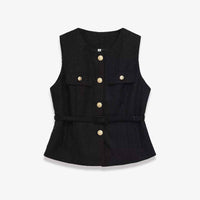 Gemma | Elegant Sleeveless Blazer Black Tweed Belted Gold Button