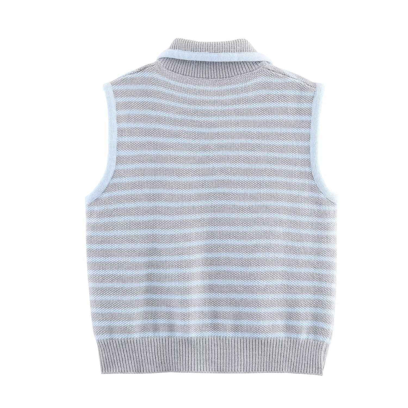 Lux | Striped Knitted Vest Top Light Blue Sleeveless Collared
