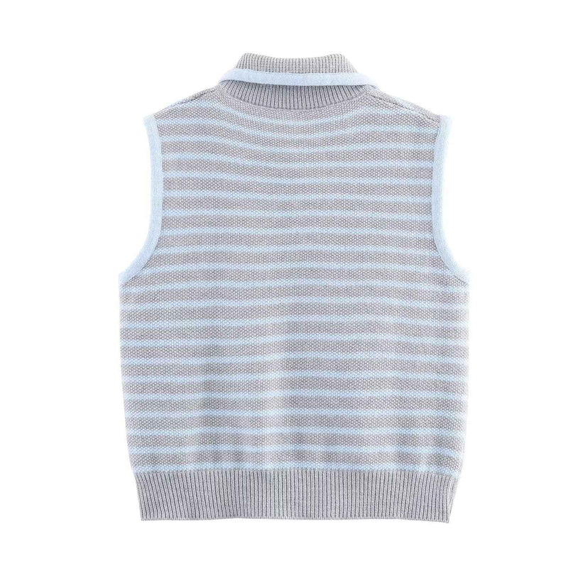 Lux | Striped Knitted Vest Top Light Blue Sleeveless Collared