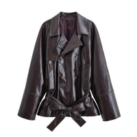 Vera | Elegant Belted Leather Jacket Black Long