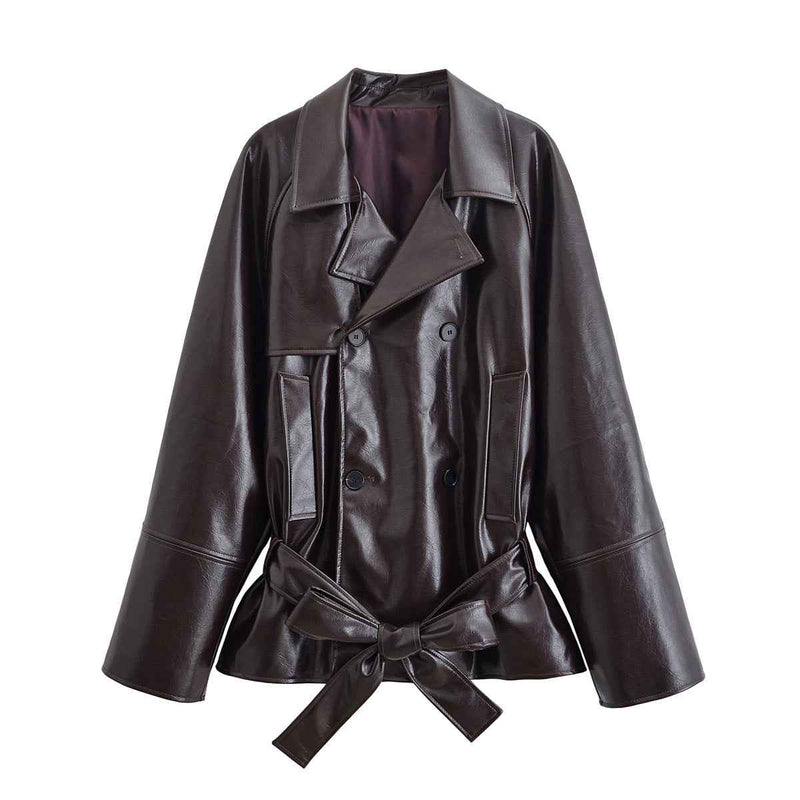 Vera | Elegant Belted Leather Jacket Black Long