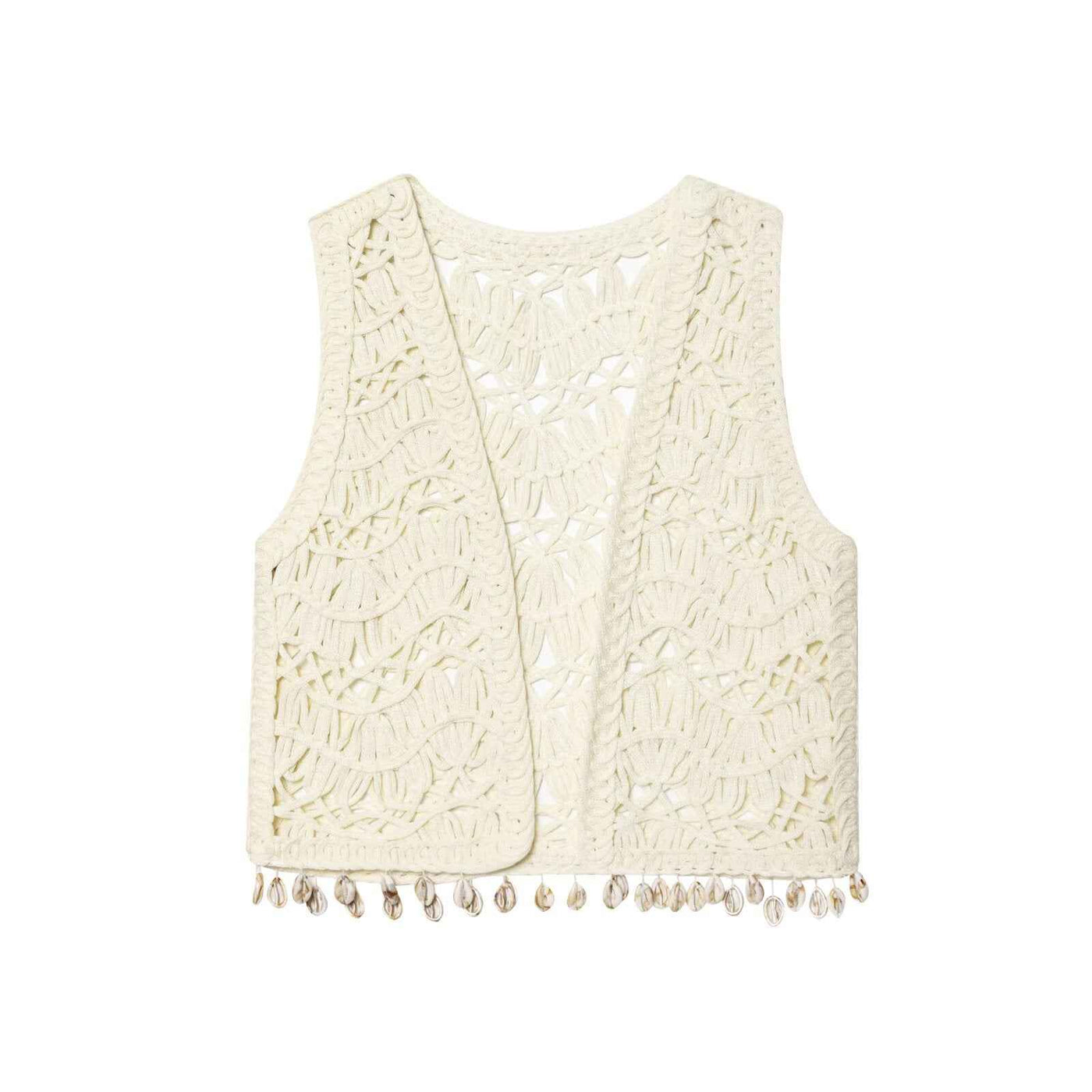 Noa | Summer Crochet Cardigan Cream Sleeveless Shell Tassel