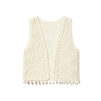 Noa | Summer Crochet Cardigan Cream Sleeveless Shell Tassel