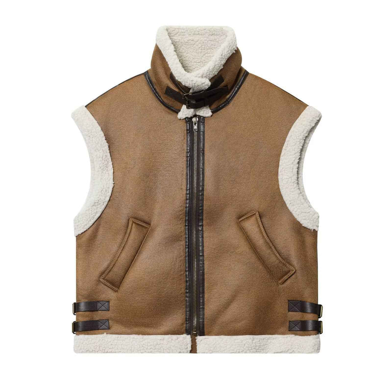 Sia | Aviator Jacket Shearling Brown Cream Sleeveless Faux Fur Gilet