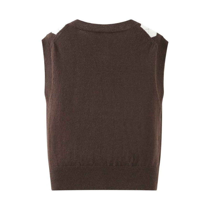 Sia | Argyle Knitted Vest Brown Sleeveless Button Front Crop