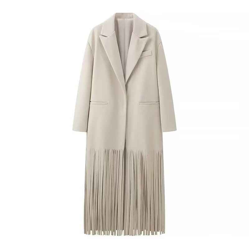 Nola | Elegant Longline Blazer Coat Cream Pleated Fringe