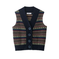 Sia | Knitted Vest Navy Fair Isle Print V Neck Sleeveless Buttoned