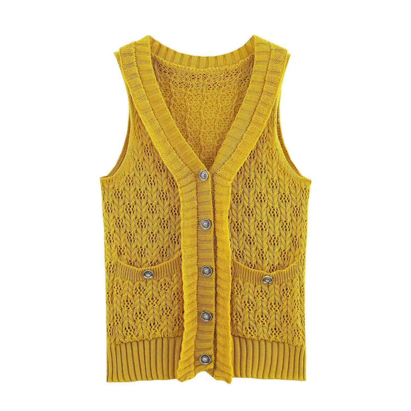 Sia | Knitted Top Yellow Sleeveless V Neck Button Front Crochet Lace