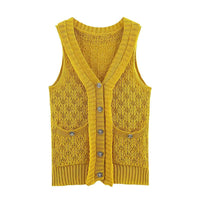 Sia | Knitted Top Yellow Sleeveless V Neck Button Front Crochet Lace