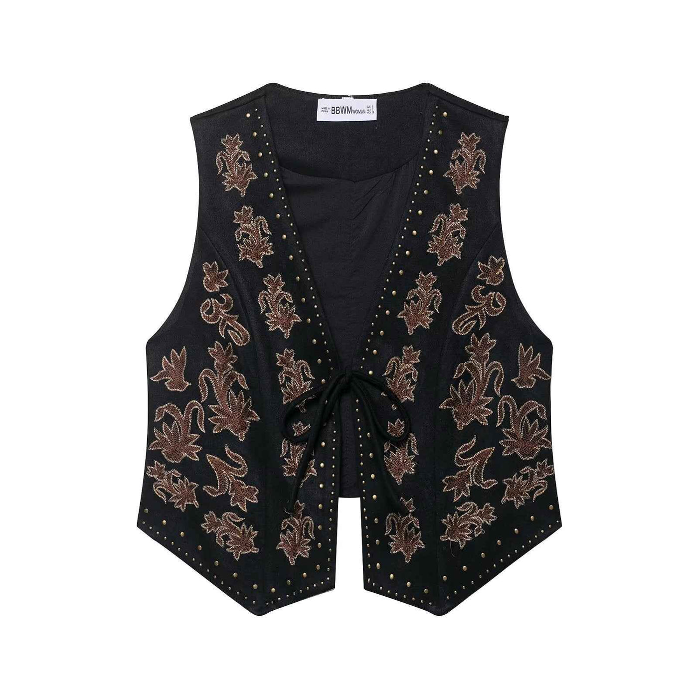 Fleur | Sleeveless Vest Top Brown Embroidered Tie Front V Neck