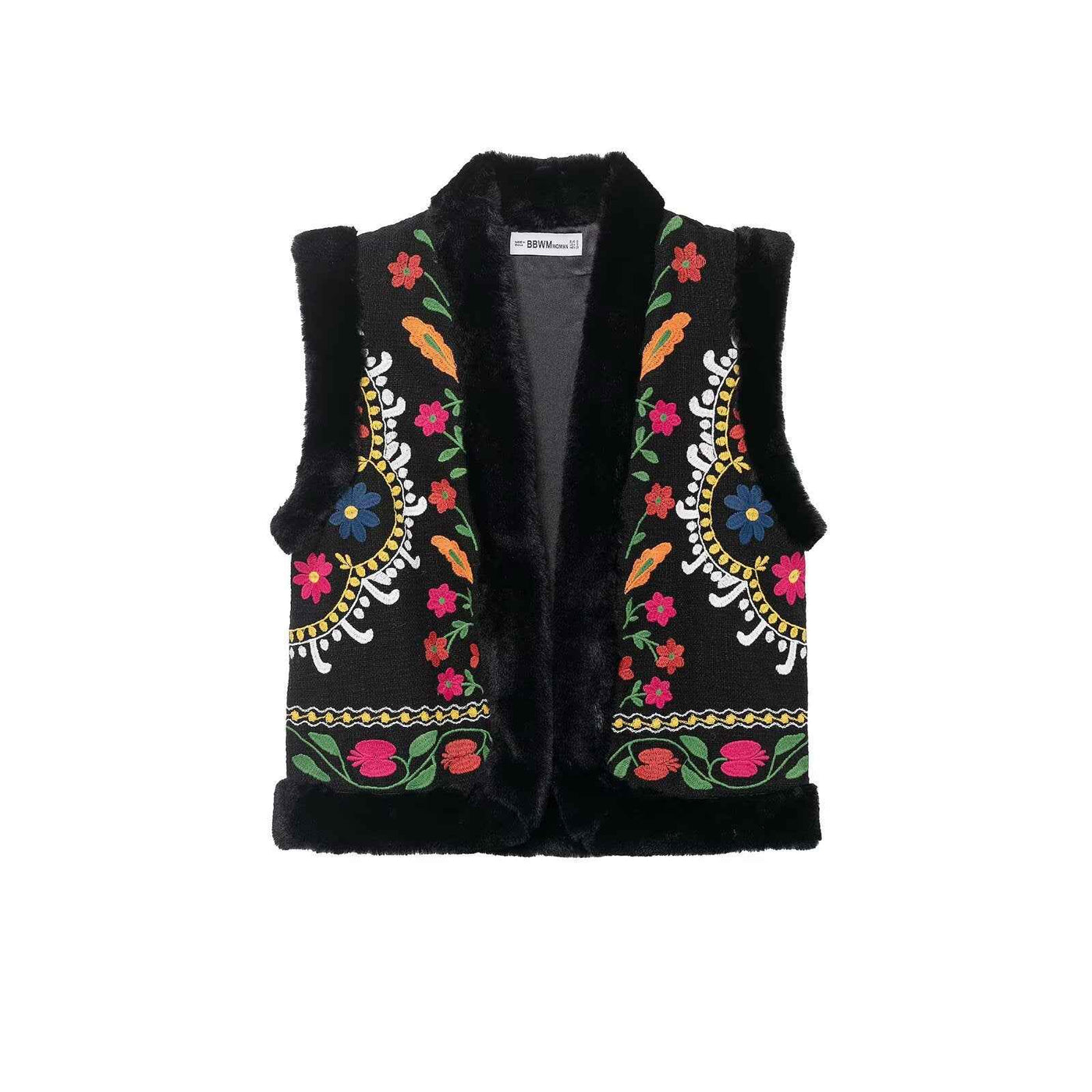 Sia | Embroidered Faux Fur Vest Black Sleeveless Floral